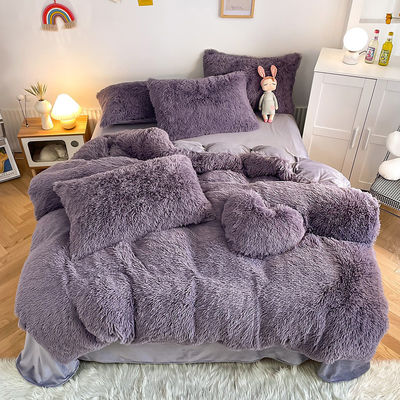 Princess Style Grey Purple Shaggy Warm Mink Velvet Crystal Duvet Cover Set for Winter