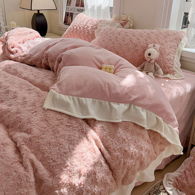 2023 Hot Lace Rose Rabbit Plush Four-Piece Set Comforter Set with Solid Pattern Type