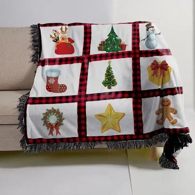 Polyester Christmas Printed Subbank Throw Blanket with Red Plaid Panel and Tassel Trim