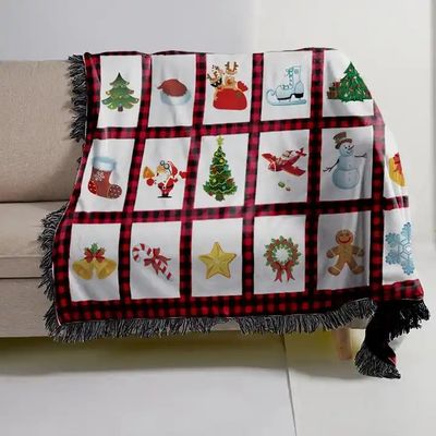 Polyester Christmas Printed Subbank Throw Blanket with Red Plaid Panel and Tassel Trim
