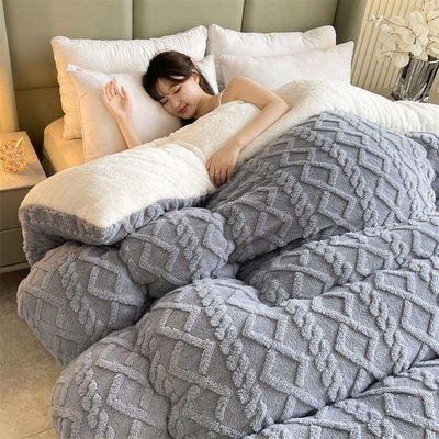 100% Polyester Thickened Warm Taffeta Winter Quilt with Lamb Velvet and Printed Pattern