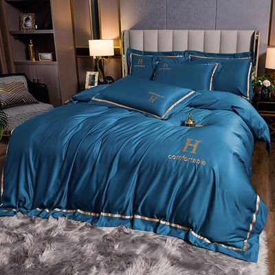 Modern Style Hotel Living Bedding Solid Color Embroidered Washing Silk Duvet Cover Set