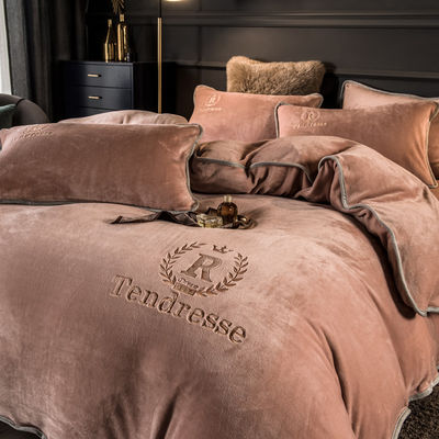 Home Grade Grade A Customized Solid Milk Velvet Embroidery Bonded Four Piece Set