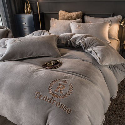 Home Grade Grade A Customized Solid Milk Velvet Embroidery Bonded Four Piece Set