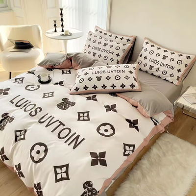Popularity Cotton 4-In-1 Bedding Set Brown White King Size Duvet Cover Bed Sheet