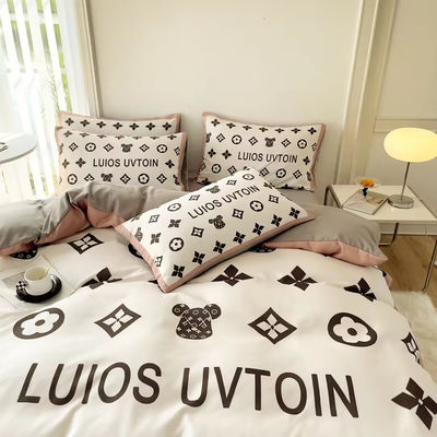 Popularity Cotton 4-In-1 Bedding Set Brown White King Size Duvet Cover Bed Sheet