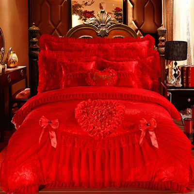100% Cotton Solid Color Velvet Lace Bed Duvet Cover Fitted Skirt Sheets 4pcs Bedding Set