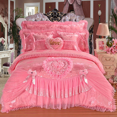100% Cotton Solid Color Velvet Lace Bed Duvet Cover Fitted Skirt Sheets 4pcs Bedding Set