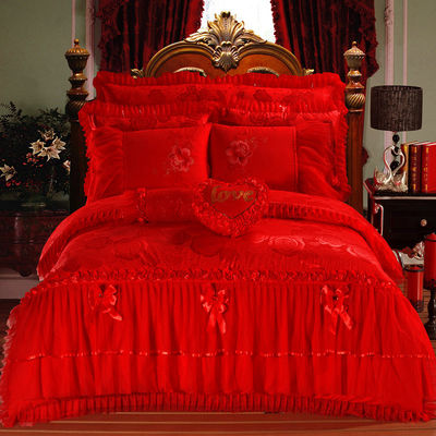 100% Cotton Solid Color Velvet Lace Bed Duvet Cover Fitted Skirt Sheets 4pcs Bedding Set