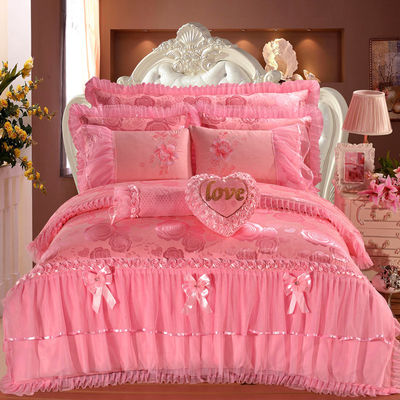 100% Cotton Solid Color Velvet Lace Bed Duvet Cover Fitted Skirt Sheets 4pcs Bedding Set