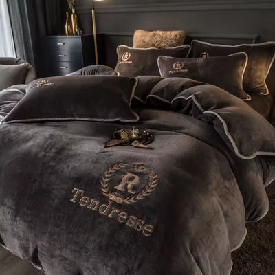 Customized Solid Milk Velvet Embroidery Bedding Set Thickened Warm Flannel Four Piece Set