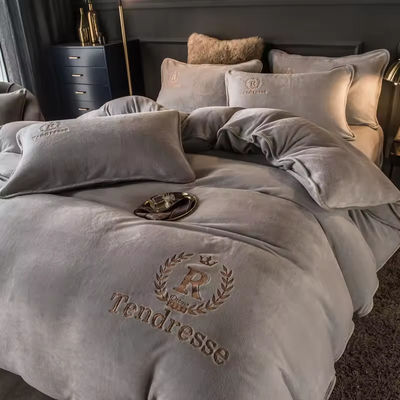 Customized Solid Milk Velvet Embroidery Bedding Set Thickened Warm Flannel Four Piece Set
