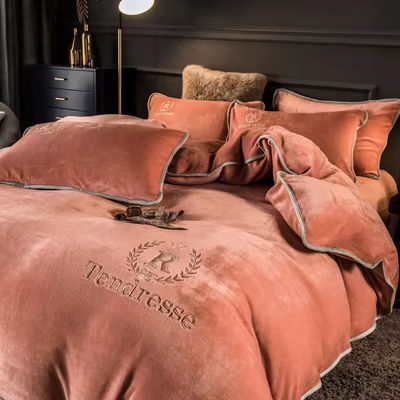 Customized Solid Milk Velvet Embroidery Bedding Set Thickened Warm Flannel Four Piece Set