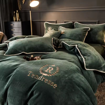 Customized Solid Milk Velvet Embroidery Bedding Set Thickened Warm Flannel Four Piece Set