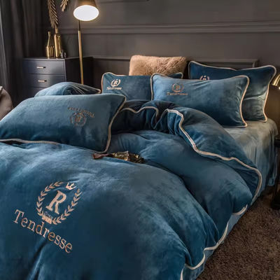 Customized Solid Milk Velvet Embroidery Bedding Set Thickened Warm Flannel Four Piece Set