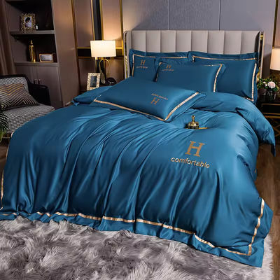 Home Polyester Luxury Embroidered Washing Silk Bedding Set with Solid Color Duvet Cover