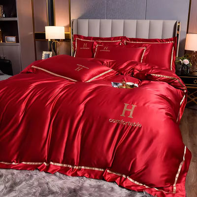 Home Polyester Luxury Embroidered Washing Silk Bedding Set with Solid Color Duvet Cover