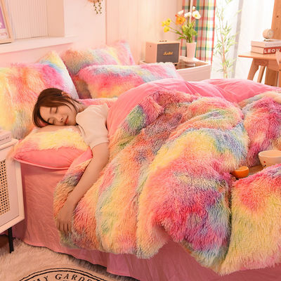 Home Hotel Wedding Rainbow Color Faux Fur Velvet Fluffy Plush Soft Bedding Set 4 Pieces