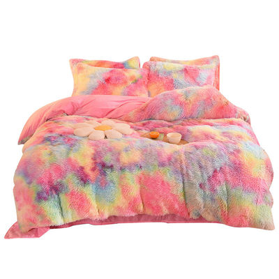 Home Hotel Wedding Rainbow Color Faux Fur Velvet Fluffy Plush Soft Bedding Set 4 Pieces