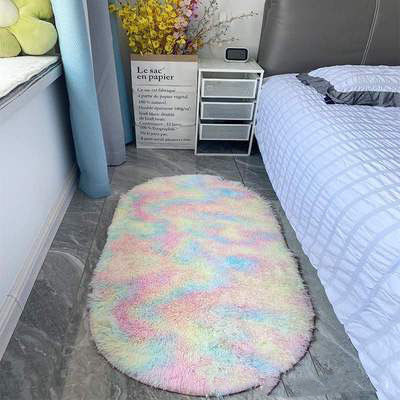 Stain Resistant Ultra Soft Fluffy Bedroom Rugs Oval Beige Throw Rugs for Small Spaces
