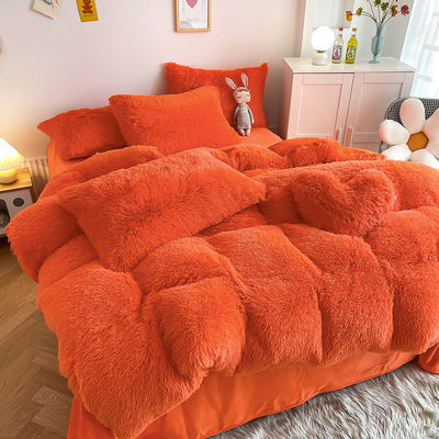 Bright Orange Luxury Shaggy Warm Mink Velvet Crystal Bedding Set for 1.8m 6 feet Beds