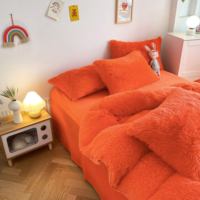 Bright Orange Luxury Shaggy Warm Mink Velvet Crystal Bedding Set for 1.8m 6 feet Beds