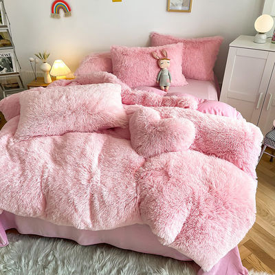 NO Customization Required Morden Luxury Jade Pink Shaggy Warm Mink Velvet Bedding Set