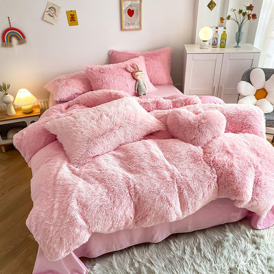 NO Customization Required Morden Luxury Jade Pink Shaggy Warm Mink Velvet Bedding Set