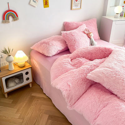 NO Customization Required Morden Luxury Jade Pink Shaggy Warm Mink Velvet Bedding Set