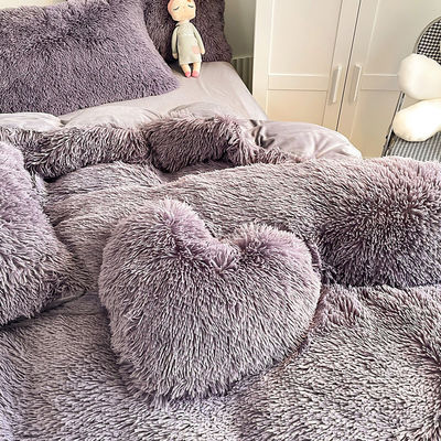 Princess Style Grey Purple Shaggy Warm Mink Velvet Crystal Duvet Cover Set for Winter