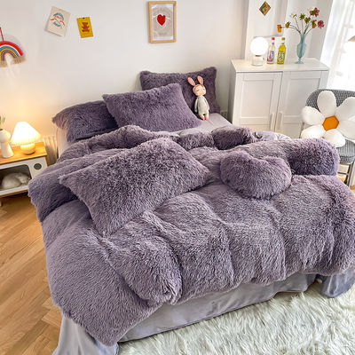Princess Style Grey Purple Shaggy Warm Mink Velvet Crystal Duvet Cover Set for Winter