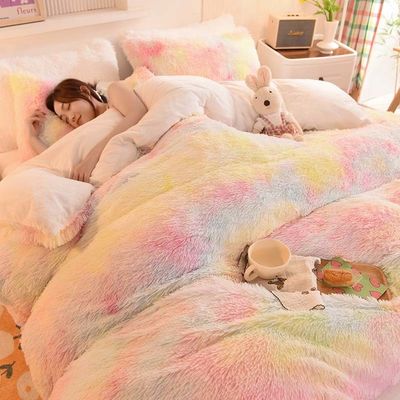 Modern Style Rainbow Color Shaggy Mink Velvet Crystal Velvet Bedding Duvet Cover Sets
