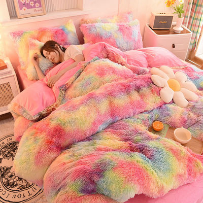 Modern Style Rainbow Color Shaggy Mink Velvet Crystal Velvet Bedding Duvet Cover Sets