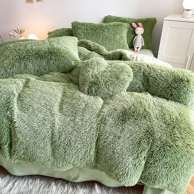 RTS Moss Green Color Luxury Shaggy Warm Mink Velvet Crystal Bedding Set for Winter