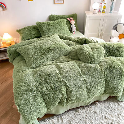 RTS Moss Green Color Luxury Shaggy Warm Mink Velvet Crystal Bedding Set for Winter