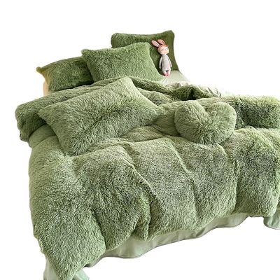 Ins Moss Green Luxury Shaggy Warm Mink Velvet Crystal Bedding Set for Winter Bed Linen