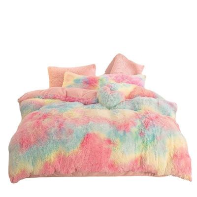 Rainbow Color Faux Fur Velvet Fluffy Plush Bedding Set for Modern Home and Decoration