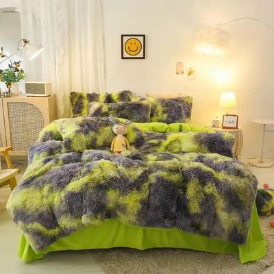 Blue Tie Dye Gradient Shaggy Warm Mink Velvet Duvet Bedding Set for Winter 500TC Gifts