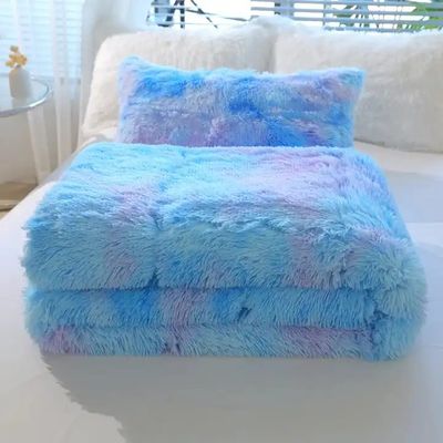 Blue Tie Dye Gradient Shaggy Warm Mink Velvet Duvet Bedding Set for Winter 500TC Gifts