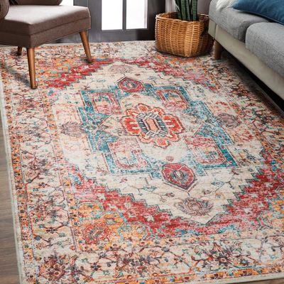 Bohemian Style Floral Print Living Bedroom Rug with Non-Shedding Function and Easy Care