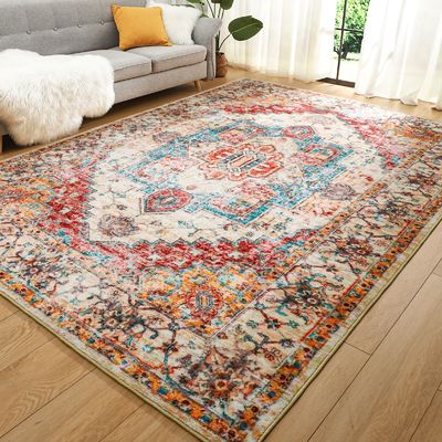 Bohemian Style Floral Print Living Bedroom Rug with Non-Shedding Function and Easy Care