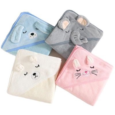 Cartoon Animal Kids Soft Microfiber Coral Fleece Hooded Bath Towel for Boys and Girls