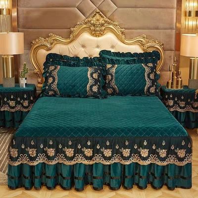 Wedding Four-piece Kit Bedding Set with Easy Care Fade-Free Embroidery Lace Bed Skirt