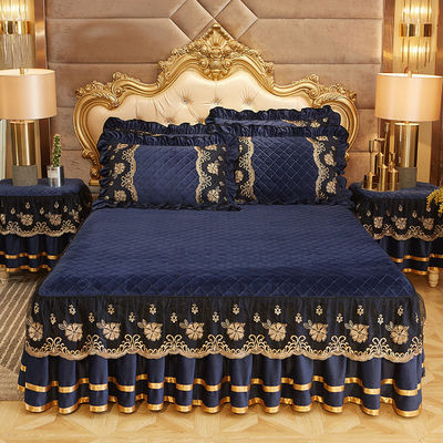 Wedding Four-piece Kit Bedding Set with Easy Care Fade-Free Embroidery Lace Bed Skirt