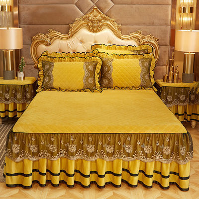 Wedding Four-piece Kit Bedding Set with Easy Care Fade-Free Embroidery Lace Bed Skirt