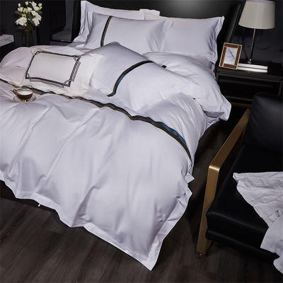 Home Custom 100% Cotton Satin Wide strip 60s Jet White Embroidery Luxury Duvet Cover Set