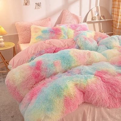 200TC Thread Count Bedding Set Faux Fur Duvet Mink Rainbow Plush Fluffy Luxury Fitted Sheets Set