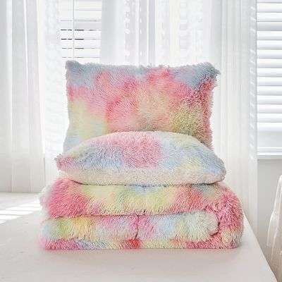 200TC Thread Count Bedding Set Faux Fur Duvet Mink Rainbow Plush Fluffy Luxury Fitted Sheets Set