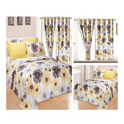 Home 100% Polyester Yellow Floral Print Bedding Set with 2 Curtains 8 Pieces