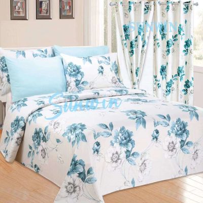 Home 100% Polyester Yellow Floral Print Bedding Set with 2 Curtains 8 Pieces